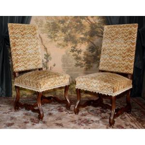 Pair Of Louis XIV Style Walnut Chairs, Console Legs, High Back, Velvet Upholstery