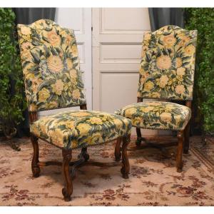Pair Of Louis XIV Style Walnut Chairs, X-shaped Stretcher, Console Legs, Velvet Upholstery