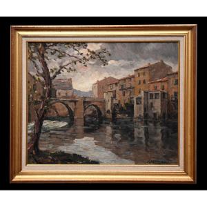 Marcel Azema - Billa (1904-1999) Paysage  Millau, Vue Du Vieux Pont. Huile Sur Toile Encadrée.