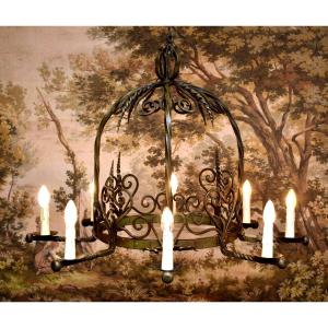 Grand Lustre cage - couronne en Fer Forgé  Laqué Vert à 8  Bras De Lumière,  style renaissance 