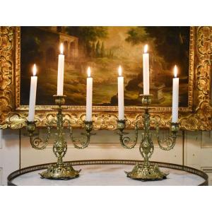 Paire De Candélabres Trois Bras De Lumières, Chandeliers à 3 Feux En Bronze, Bougeoirs  XIXème.