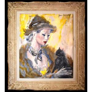 Henri Laville 1916-1995 " jeune femme et le chat " portrait huile sur toile cadre Montparnasse