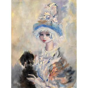 Henri Laville (1916-1995) Portrait huile sur toile  Intitulé " Jeune Fille Et Son Chien " .