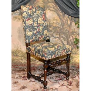 Louis XIII - Louis XIV Style Chair In Walnut With Flat And High Back, 19th Century.