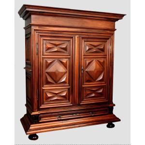 Louis XIII Style Wardrobe In Solid Walnut With Diamond-point Inlay, 2 Doors And 1 Drawer In The Cabinet