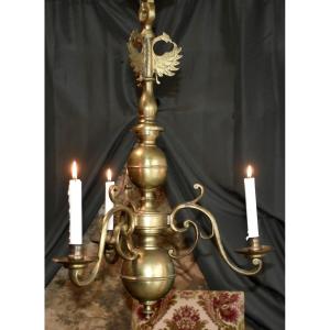 Dutch-style Bronze And Brass Chandelier With Three Arms Of Light, 3 Candles.