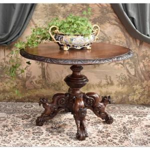 Central Table, Carved Oak, Fantastical Chimera Animals, Pedestal Table In 19th Century Renaissance Style