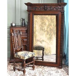 Miroir en chêne de style Renaissance - Louis XIII , 2 colonnes torsade,  mascaron satyre , XIXe