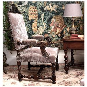 Pair Of Large Renaissance-style Armchairs, 19th-century Seats Velvet Fabric, Walnut
