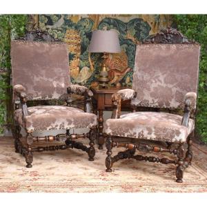 Pair Of Large Renaissance-style Armchairs, 19th-century Seats Velvet Fabric, Walnut