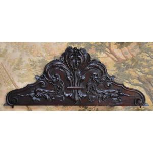 Carved Wood Panelling, Natural Wood Pediment With Foliage Decoration