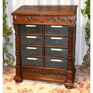 Renaissance Style Corinthian Column Chest, Oak Writing Desk, 19th Century