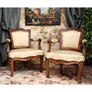 Pair Of Louis XV Cabriolet Armchairs, 18th Century, Floral And Acanthus Decor