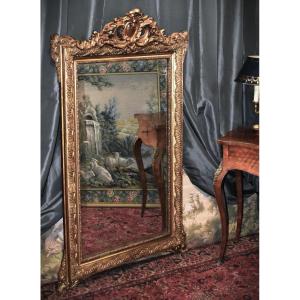 Grand Miroir à Fronton Style Louis XV , Epoque Napoléon III , Glace En Bois Et Stuc Doré, XIXe
