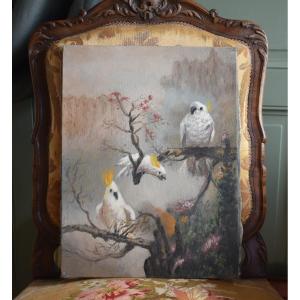 peinture aux trois cacatoès , huile sur toile , 3 oiseaux perchés .