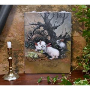 Three Rabbits Painting , Oil On Canvas , Farm Animals