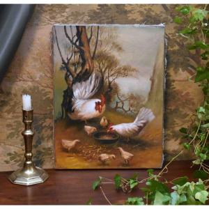 Painting Of Farm Animals, Oil On Canvas, Hen, Rooster, Chicks In A Barnyard.