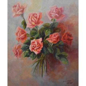 Painting Bouquet Of Flowers, Oil On Canvas Signed S. Clavaud, Still Life Painting With Roses