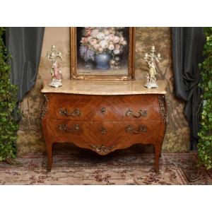 Large Louis XV Style Stamped Marquetry Chest Of Drawers, Early 20th Century, Marble Top, Marquetry