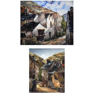 Regis, Pair Of Paintings, Village Views, Montméjean ( Aveyron ) , Saint Geniès (dordogne)