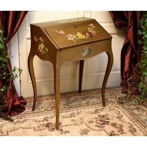Bureau De Pente Peint à Décor De Fleurs sur fond doré, Secrétaire de Dame Laqué Style Louis XV