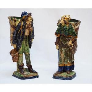Eugene Ladreyt , paire de statuettes , sujets terre cuite ,  statues paysan et paysanne, XIXe 