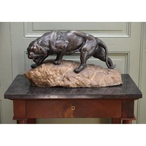 James Andrey (19th–20th Centuries) *roaring Lioness On A Rock*, Bronze Animal Sculpture 