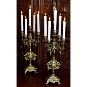 Pair Of Large Renaissance-style Bronze Candelabras, 5-arm Candlesticks, 19th Century
