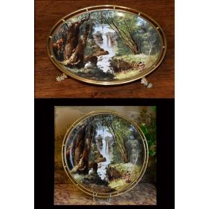Large Hand-painted Landscape-themed Decorative Bowl, Porcelain Centerpiece, Dish Mounted On A Base