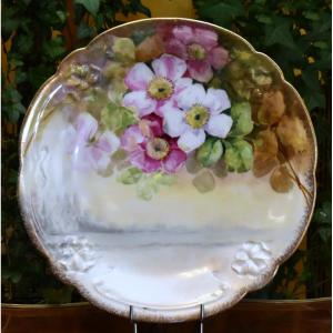 Large Hand-painted Plate, Limoges Porcelain, Bernardaud Manufactory, Landscapes And Flowers
