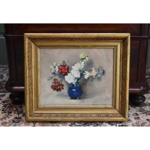  Georges Villain 1854-1930  Aquarelle , Bouquet De Fleurs Sur Un Entablement. nature morte     