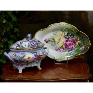  Caffy Limoges, porcelaine décorative à  décor de roses peintes à la main. plat et soupière 