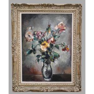Pierre Papillaud, Limoges, *bouquet Of Flowers, Roses On An Entablature In A Montparnasse Frame*.