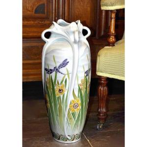 Grand Vase de style Art Nouveau , Porcelaine De Limoges Haviland, Libellules Et Narcisses