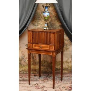 Small Louis XVI-style Living Room Side Table, Made Of Cherry Wood With Light Wood Marquetry, Curtain
