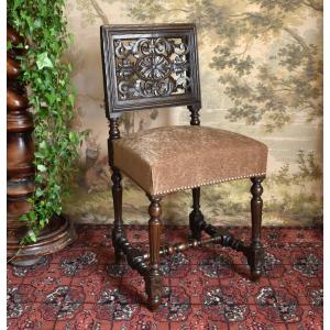 Chaise à Dossier ajouré De Style Renaissance - Henri II , fin XIXe , siège tissu velours.