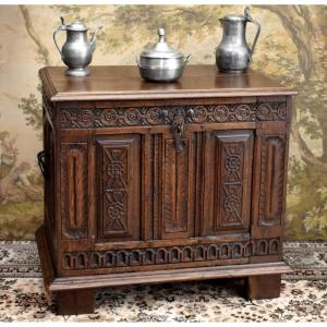 Small 19th-century Carved Oak Chest With 17th-century Elements, Renaissance Style, Iron Handles
