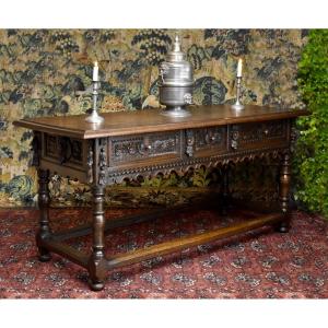 Table de réfectoire d'époque XVIIe en chêne massif , style Renaissance , formant console