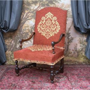 Grand Fauteuil Louis XIII - Louis XIV à haut Dossier Plat, Pieds Balustre, début du XVIIIe
