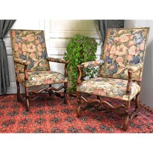 Pair Of Large Louis XIII And Louis XIV-style Armchairs In Sheepskin, With High, Flat Backrests
