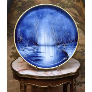 Desgropes Limoges, Grand Plat décoratif En Porcelaine Décor lacustre En Camïeu De Bleu Et Or