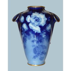 Poujol, Limoges Porcelain Vase, Roses In Shades Of Blue 