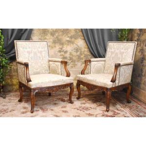 Paire De Petites  Bergères De Style  Régence - Louis XV  à dossiers plats  fin XIXe - début XXe