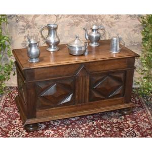 Small Louis XIII-style Chest In Walnut, With Diamond-point Decor And Ball-shaped Feet.