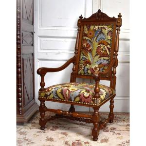 Grand Fauteuil En Noyer De Style Renaissance , Siège XIXe d'Apparat Tissu aux Petits Points