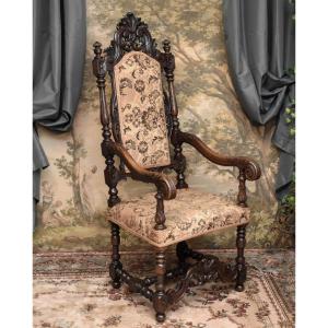 Important Fauteuil d'apparat De Style Renaissance - Louis XIII En Noyer Massif , Siège XIXe