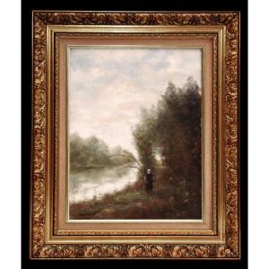 Berthaux, Lively Landscape: Riverbank And Woodland, In The Style Of The Barbizon School,