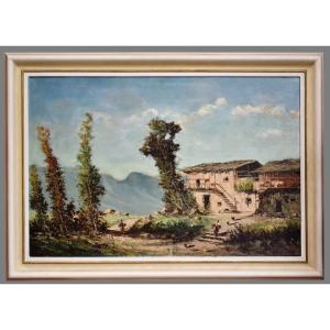 Percivaldi Ettoré, Large Painting, Scene Of A Busy Farmyard Against A Mountain Background