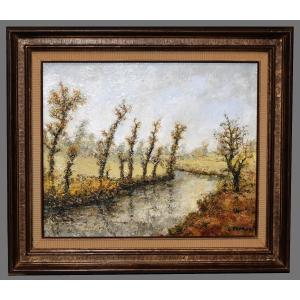 Louis Peyrat (1911-1999) . peinture intitulée : paysage corrézien et daté 1969. encadré.