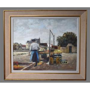 Louis Peyrat ( 1911-1999 ). Vue Petit Marché à Limoges. scène animée maraicher à son étalage